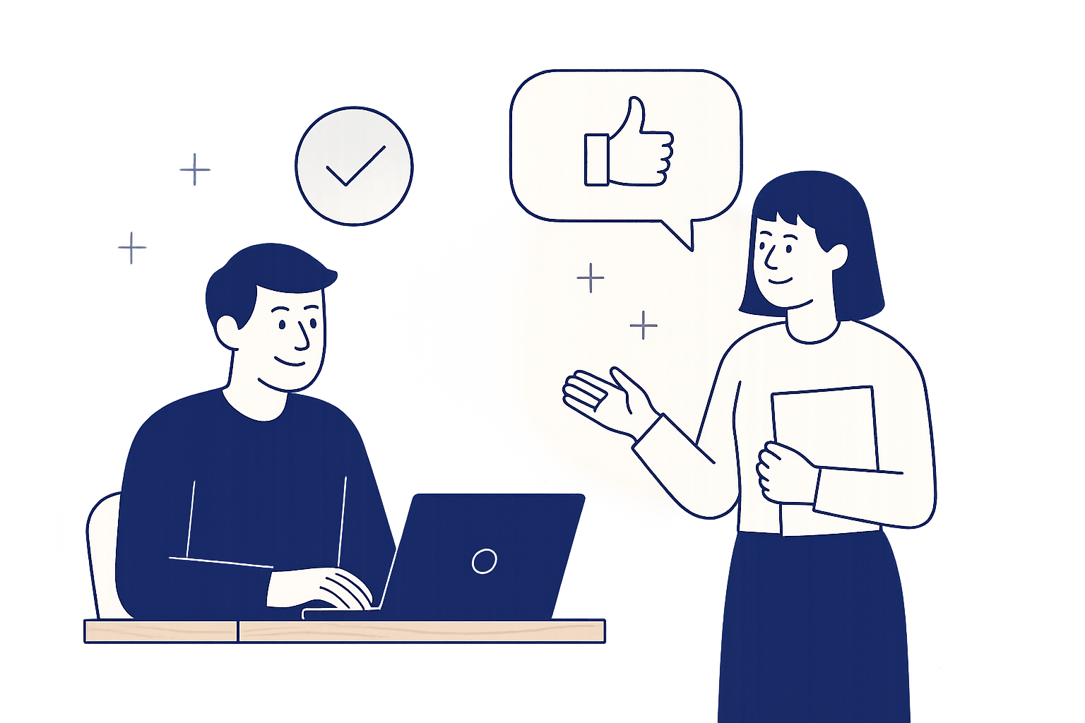 Illustration von zwei Personen in professioneller Zusammenarbeit - symbolisiert erfolgreiche Teamarbeit und positive Kommunikation